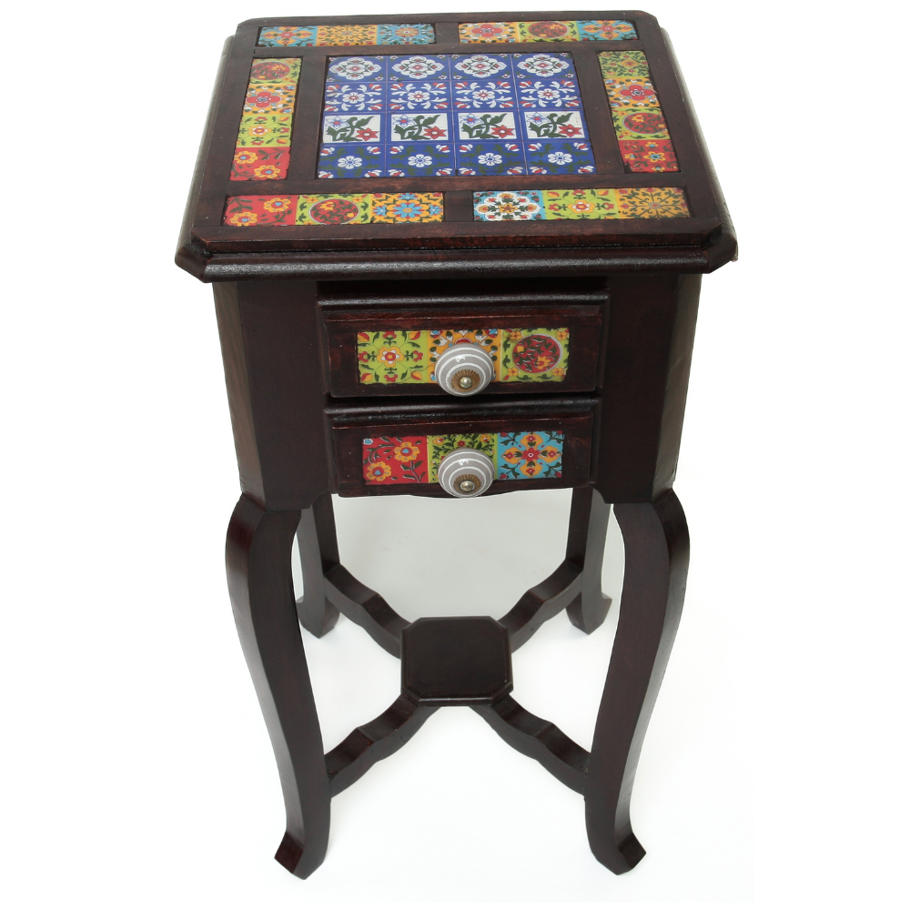 Gaveteiro de Marchetaria Indiana com Detalhes Coloridos – 2 Gavetas Decoradas - Imagem 7