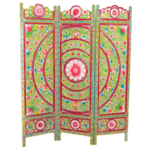 Biombo Indiano de Madeira Pintado à Mão – Arte Floral Colorida em 3 Folhas