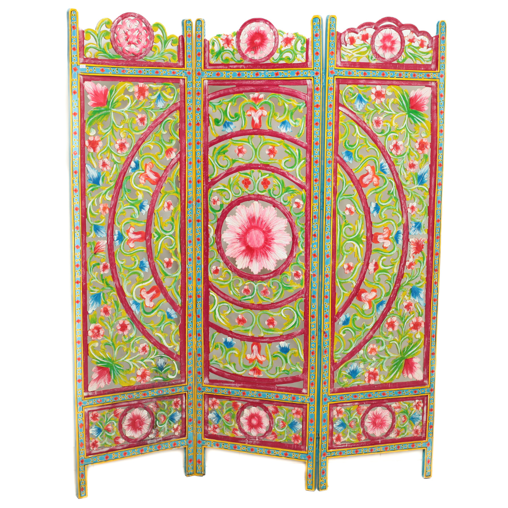 Biombo Indiano de Madeira Pintado à Mão – Arte Floral Colorida em 3 Folhas