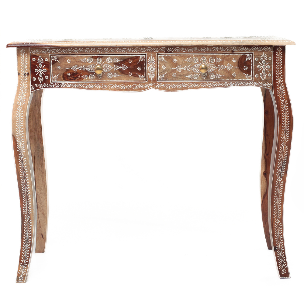 Mesa Indiana com Pintura Manual – Madeira Nobre com 2 Gavetas Decorativas - Imagem 2