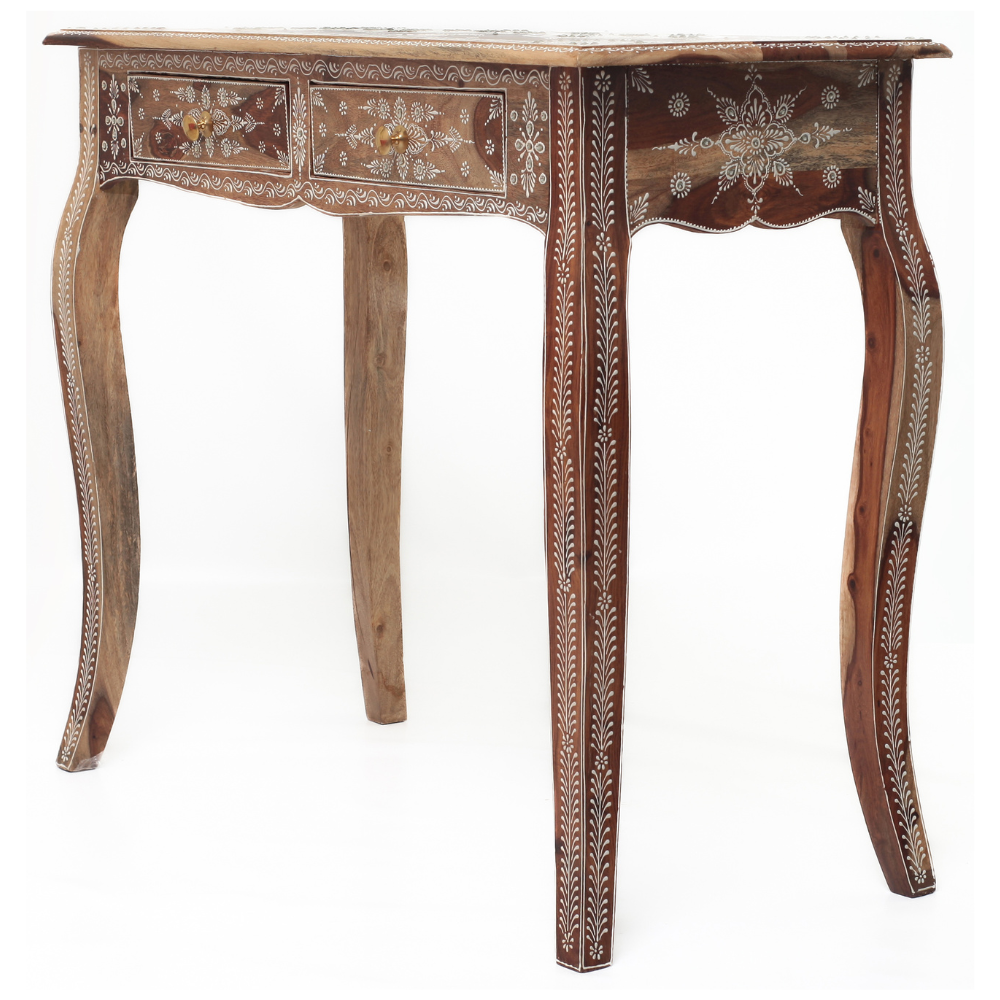 Mesa Indiana com Pintura Manual – Madeira Nobre com 2 Gavetas Decorativas - Imagem 3