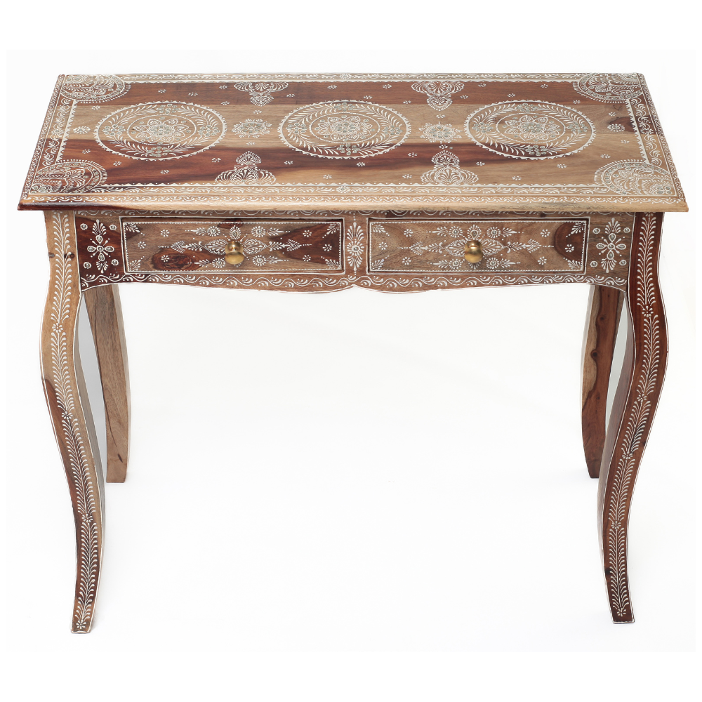 Mesa Indiana com Pintura Manual – Madeira Nobre com 2 Gavetas Decorativas