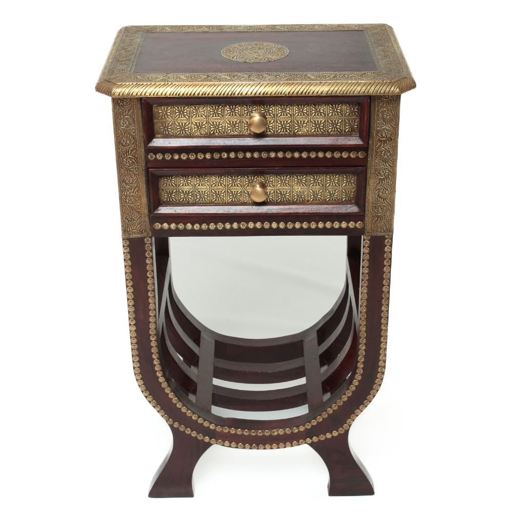 Gaveteiro Indiano com 2 Gavetas – Madeira com Latão e Design Artesanal