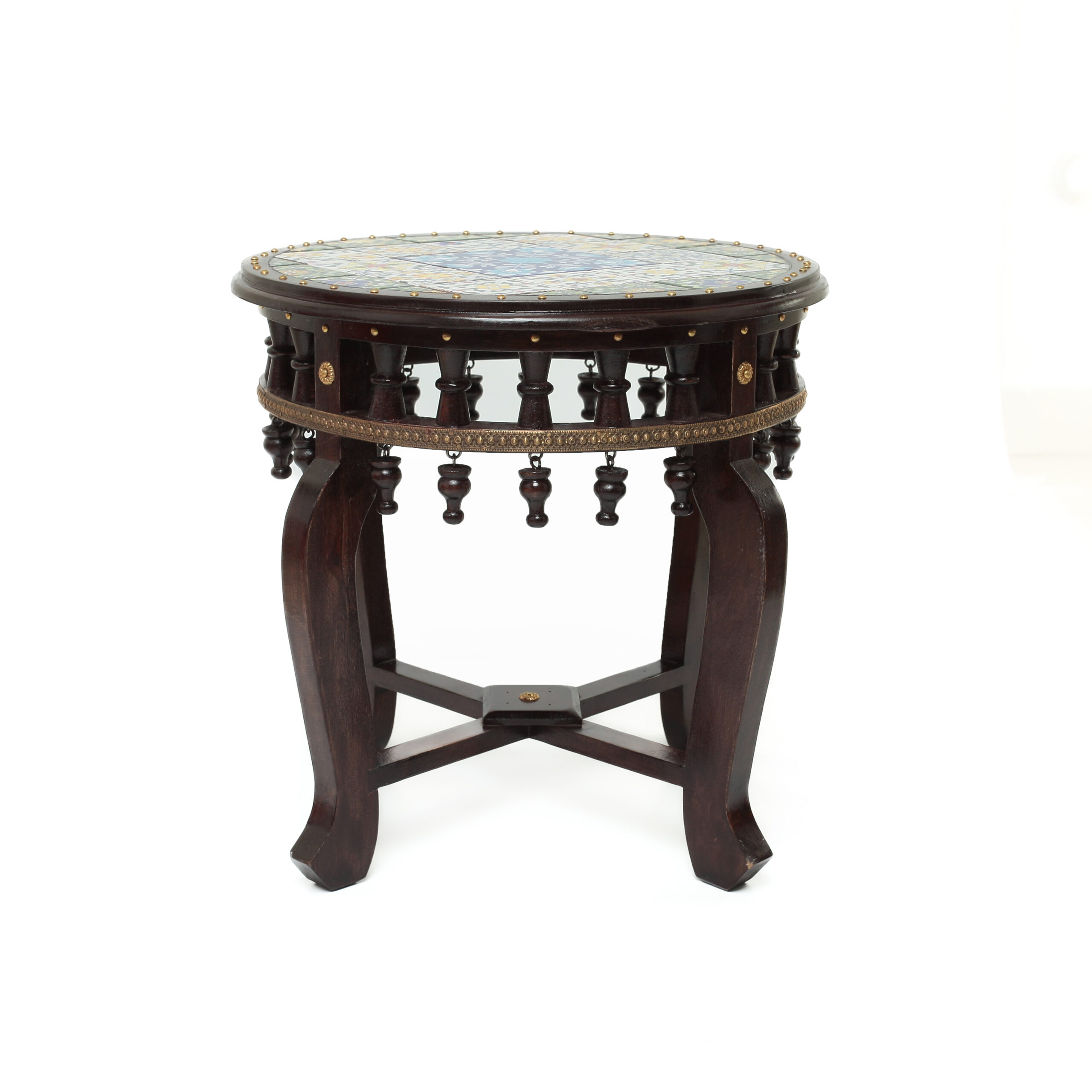 Mesa Indiana de Marchetaria com Tampo Decorado – Arte em Madeira e Cerâmica - Imagem 2